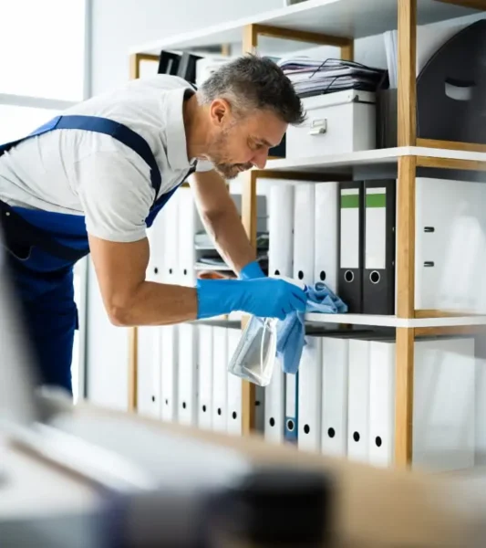 Một nhân viên vệ sinh chuyên nghiệp mặc đồng phục màu xanh và đeo găng tay màu vàng đang dùng bình xịt và khăn lau để lau chùi kỹ lưỡng một chiếc bàn làm việc, trên đó có thể thấy màn hình máy tính và bàn phím.